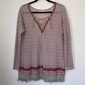 A’reve Beige Crochet Long Sleeve Lace Up V-neck Blouse Top ~ Fringe Hem ~ Size L